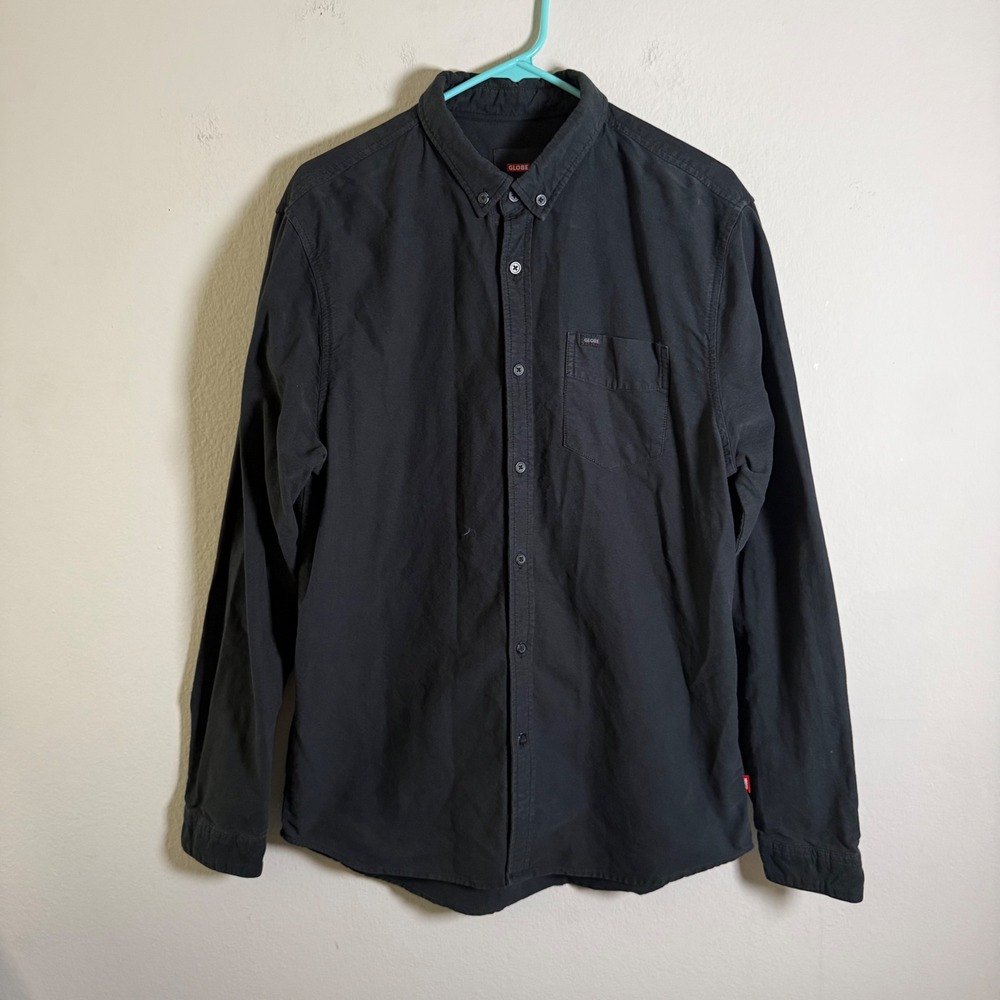 Globe Mens Black Long Sleeve Button Down Cotton Skate Shirt Large Solid Pocket